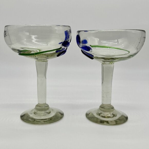 Handblown Margarita Glasses Cobalt Blue and Green Swirls Made in Mexico Set of 2 - Picture 10 of 14